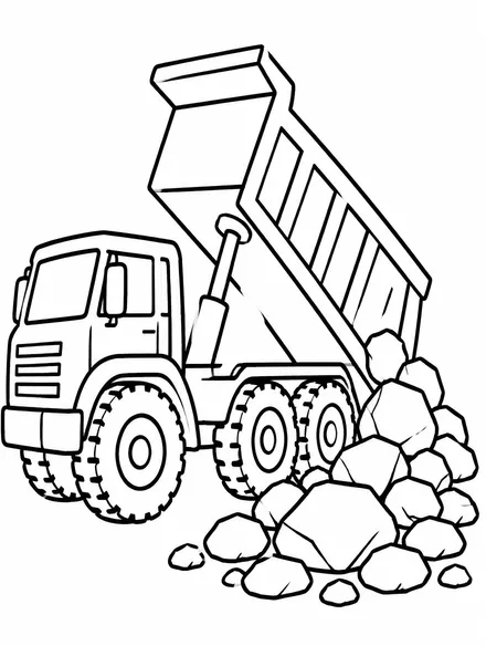Dump truck tipping out a pile of rocks, construction coloring page