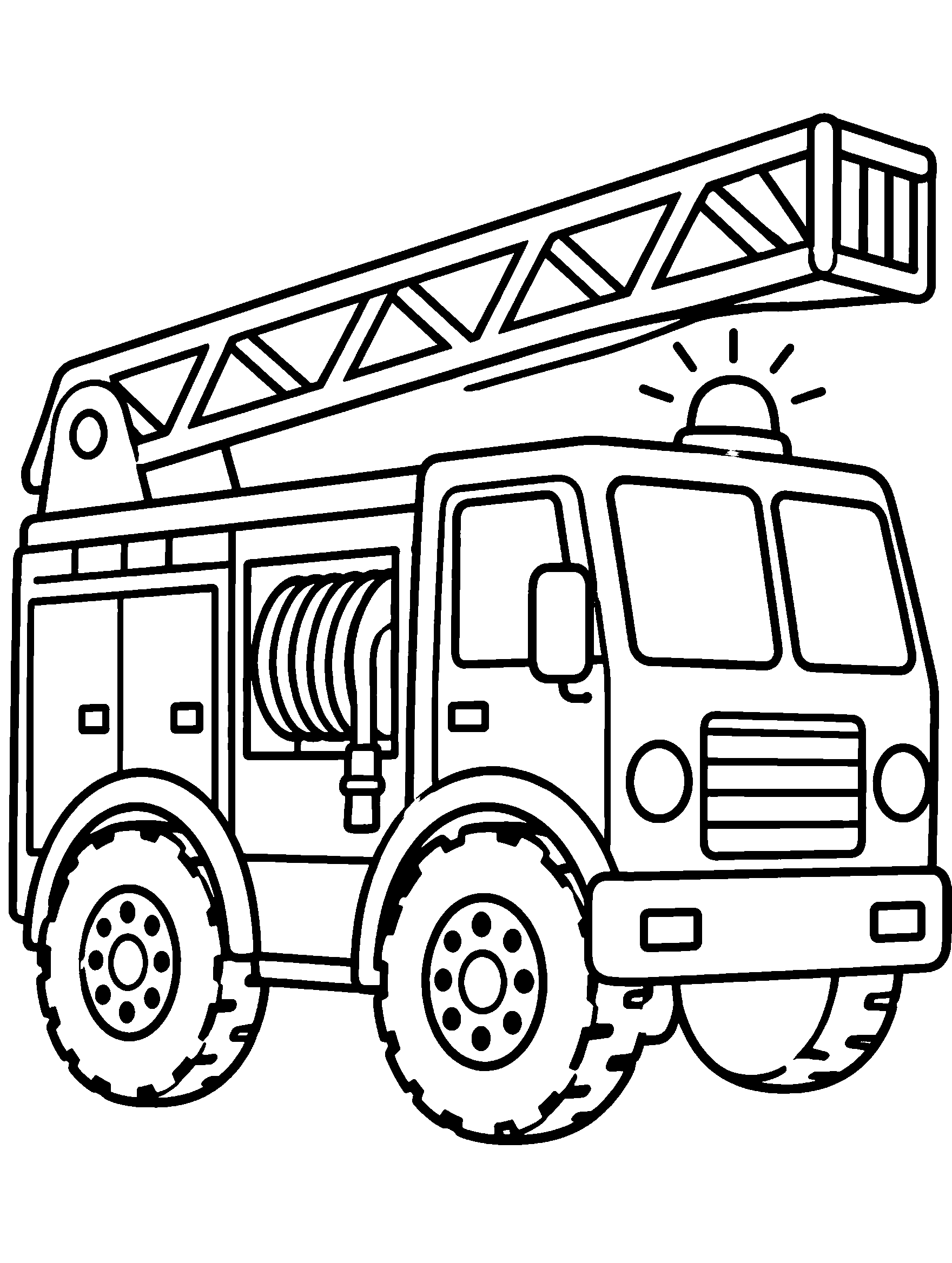 Fire truck with ladder and hose, kids coloring page