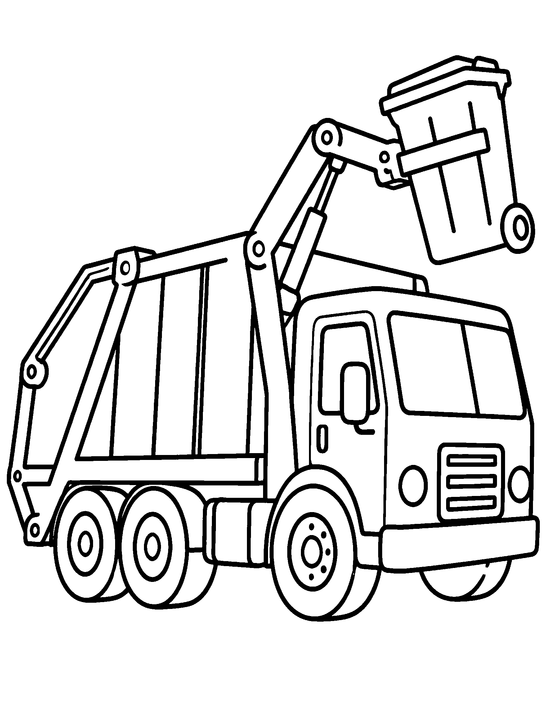 Garbage truck lifting a trash can, kids coloring page