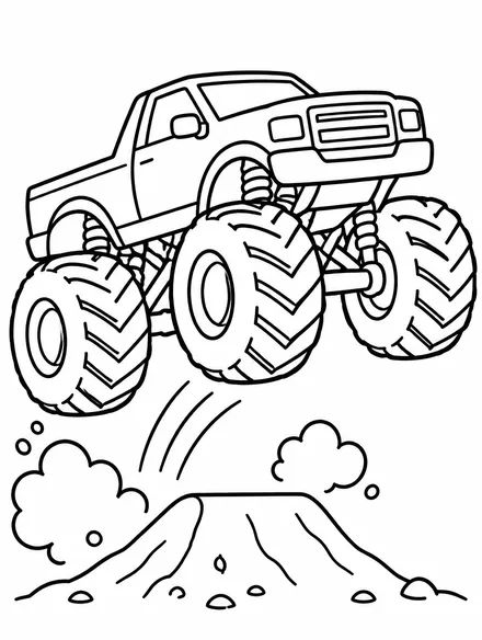 Monster truck with giant tires jumping a ramp, printable coloring page