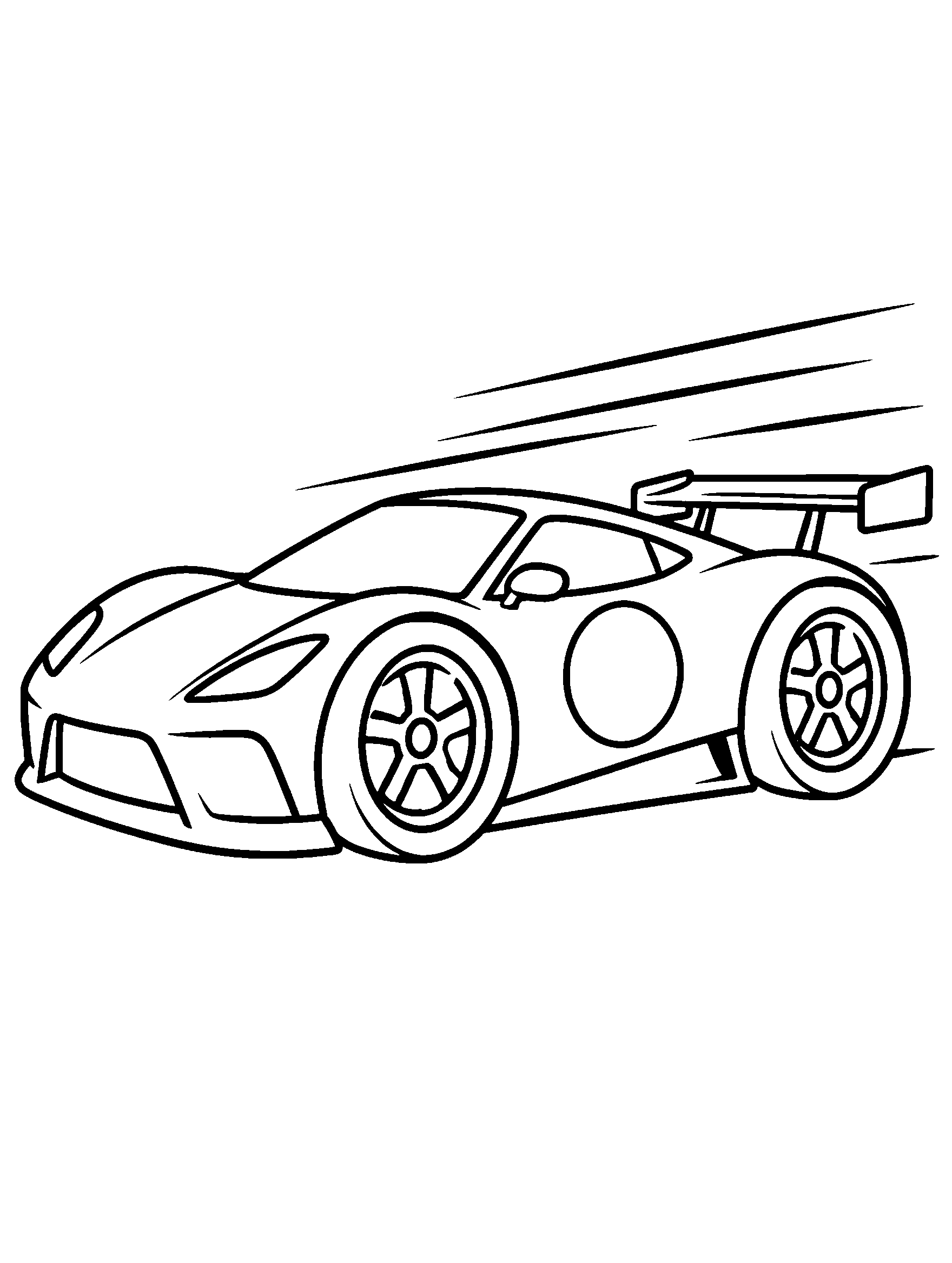 Race car with big wheels and speed lines, printable car coloring page