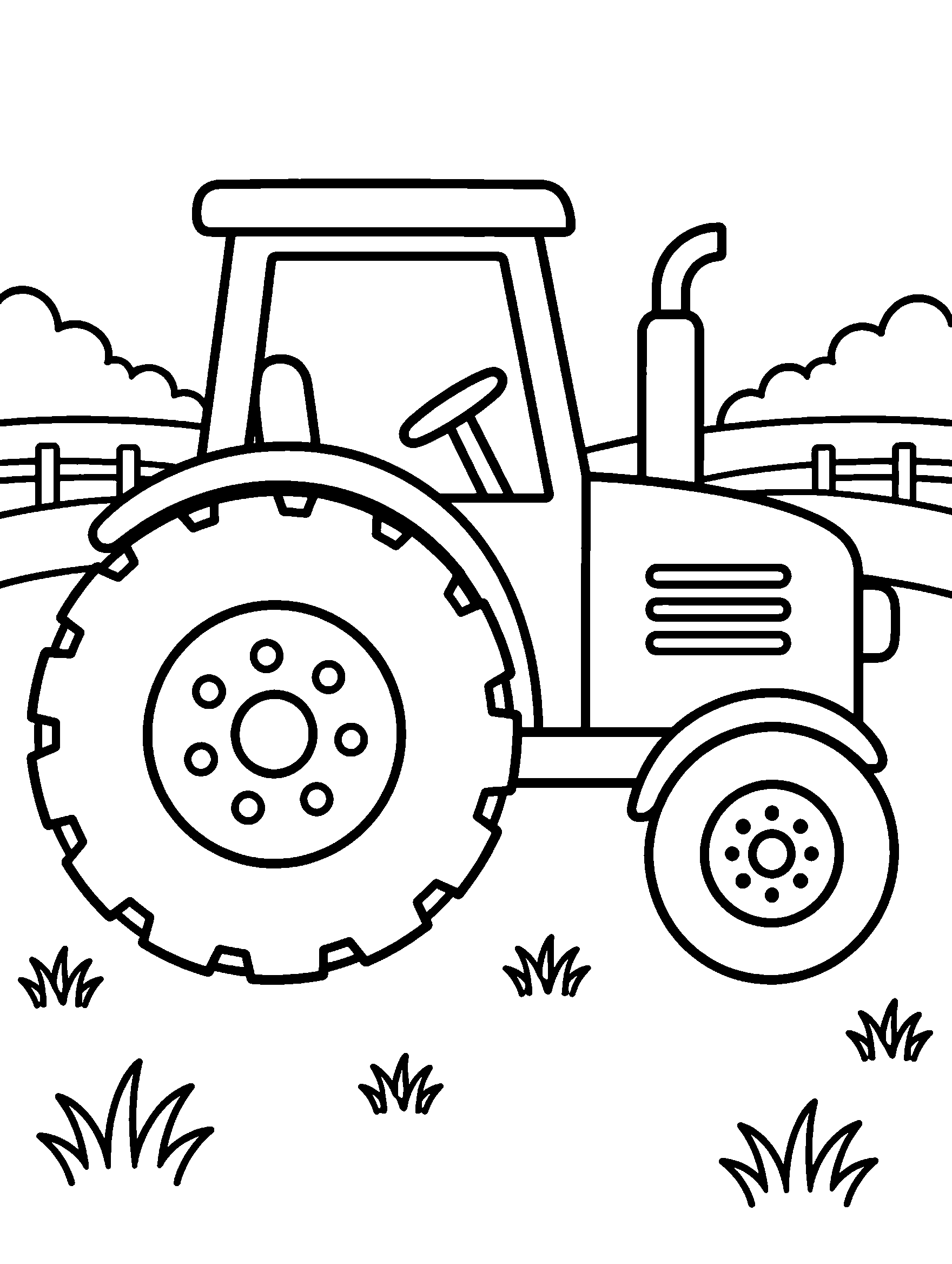 Farm tractor with big back wheel in a field, coloring page for kids