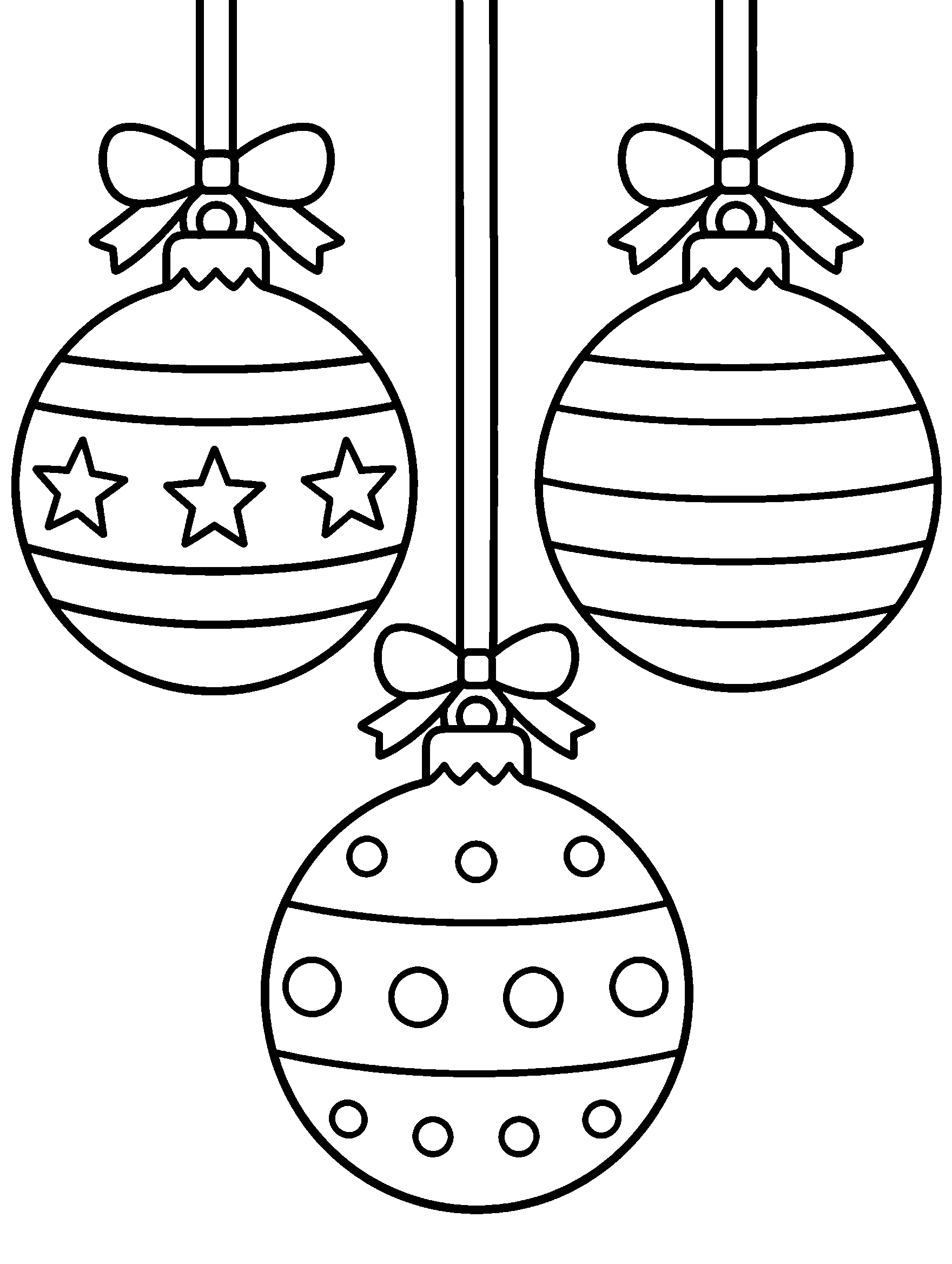 Three large Christmas ornaments with stripes, stars and dots to color