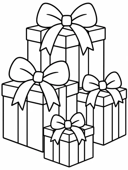 Stack of wrapped Christmas presents with bows, kids coloring page