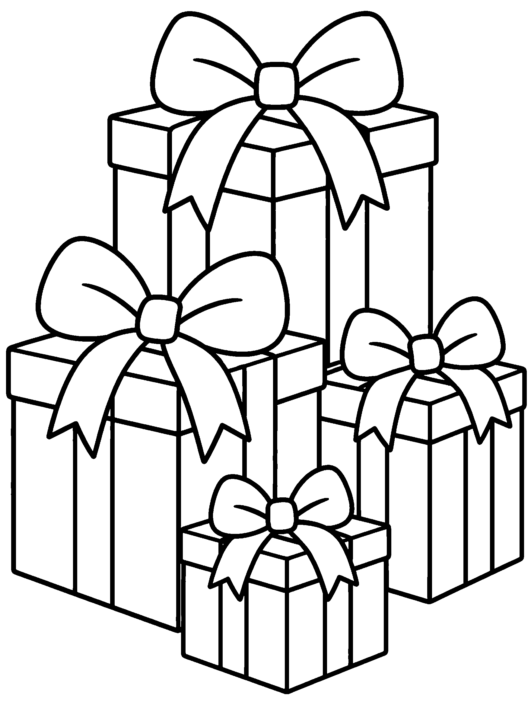 Stack of wrapped Christmas presents with bows, kids coloring page