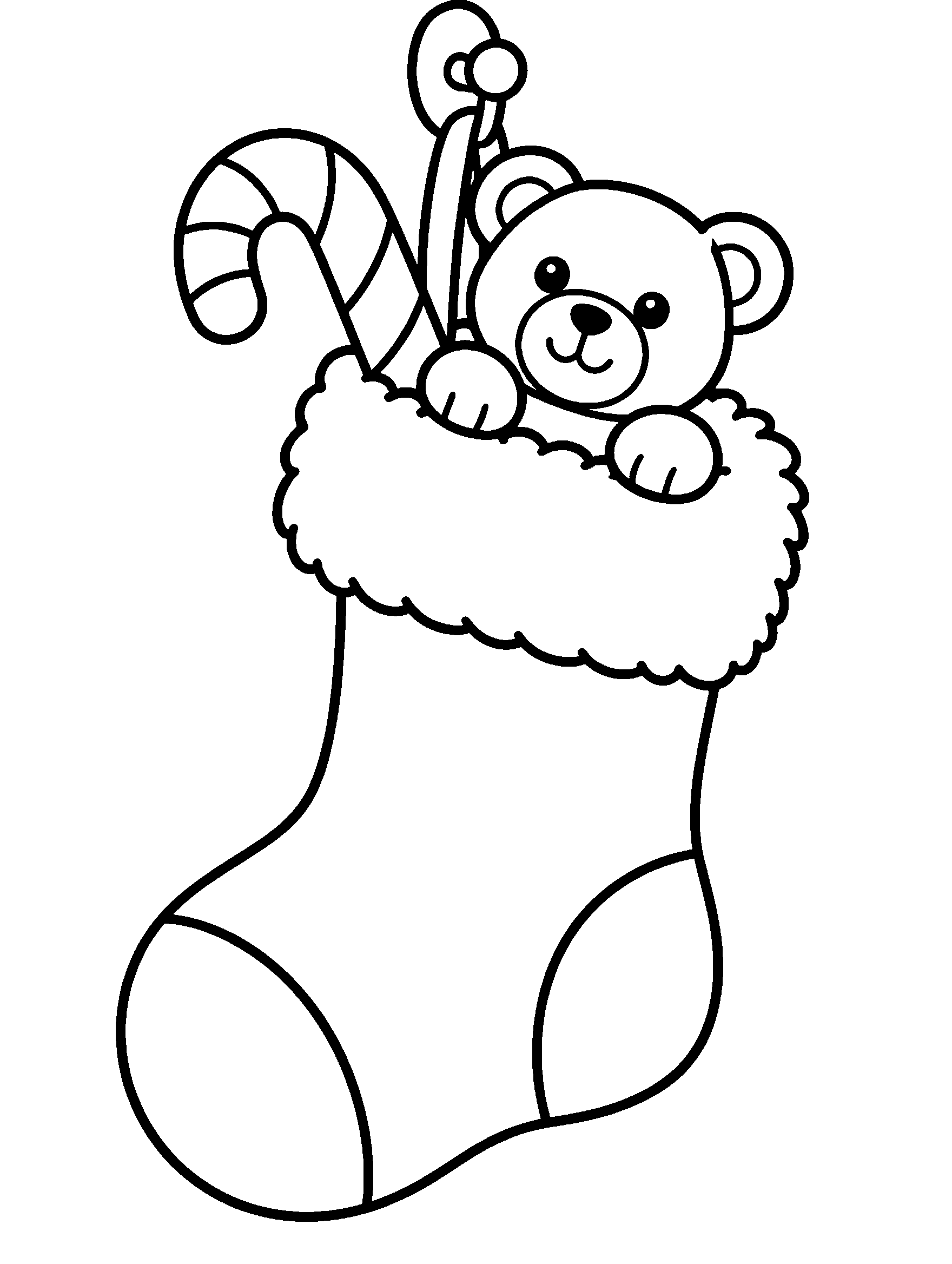 Christmas stocking with candy cane and teddy bear peeking out, coloring page