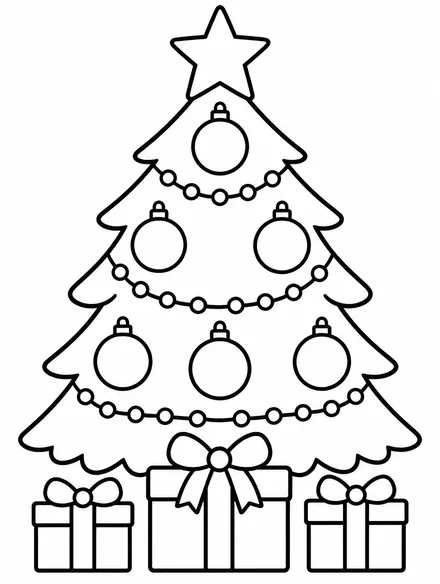 Decorated Christmas tree with ornaments, star and presents to color