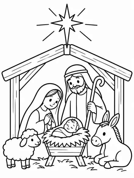 Simple nativity scene with Mary, Joseph and baby Jesus in a stable to color