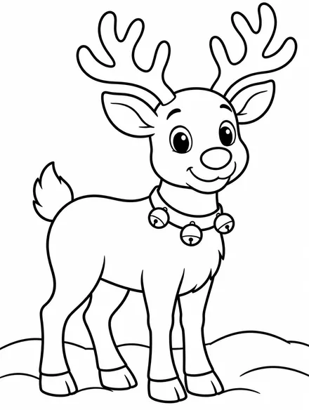 Friendly reindeer with antlers and a jingle bell collar in the snow, coloring sheet