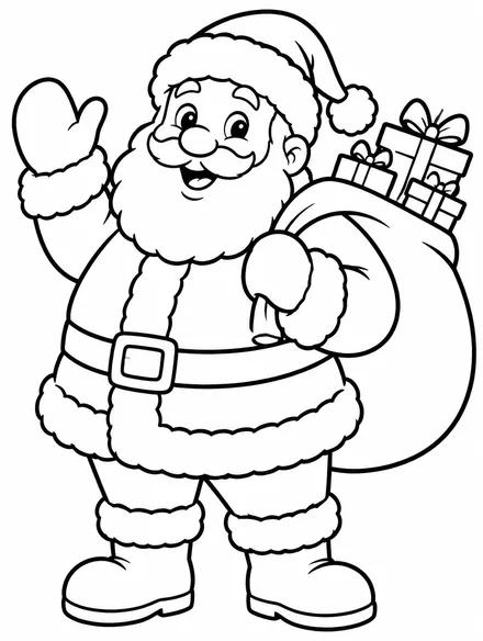 Jolly Santa Claus waving with a sack of presents, free Christmas coloring page