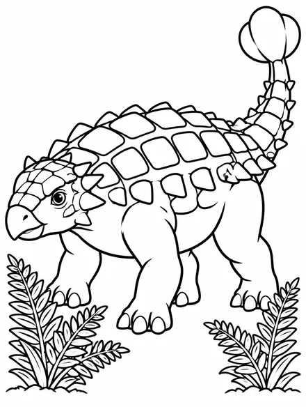Armored ankylosaurus with a club tail standing near ferns, coloring page