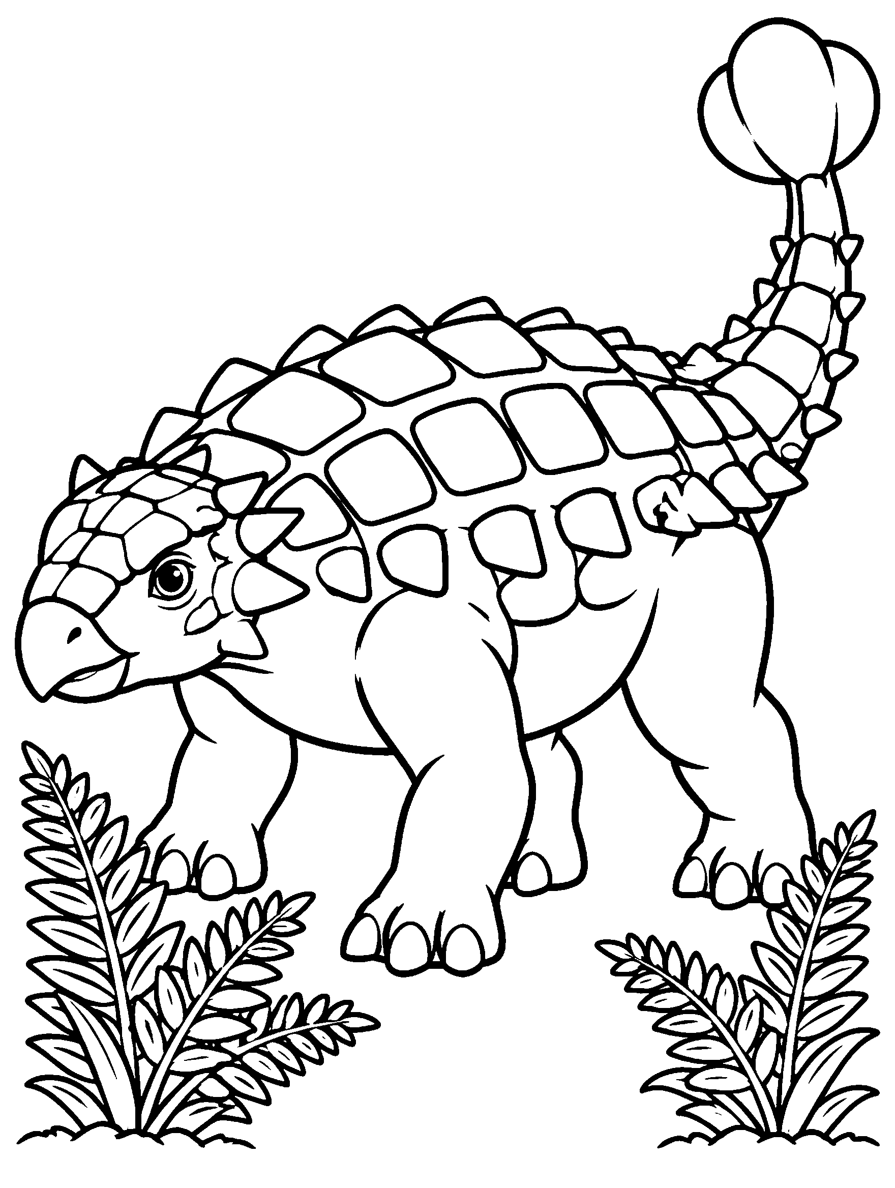 Armored ankylosaurus with a club tail standing near ferns, coloring page
