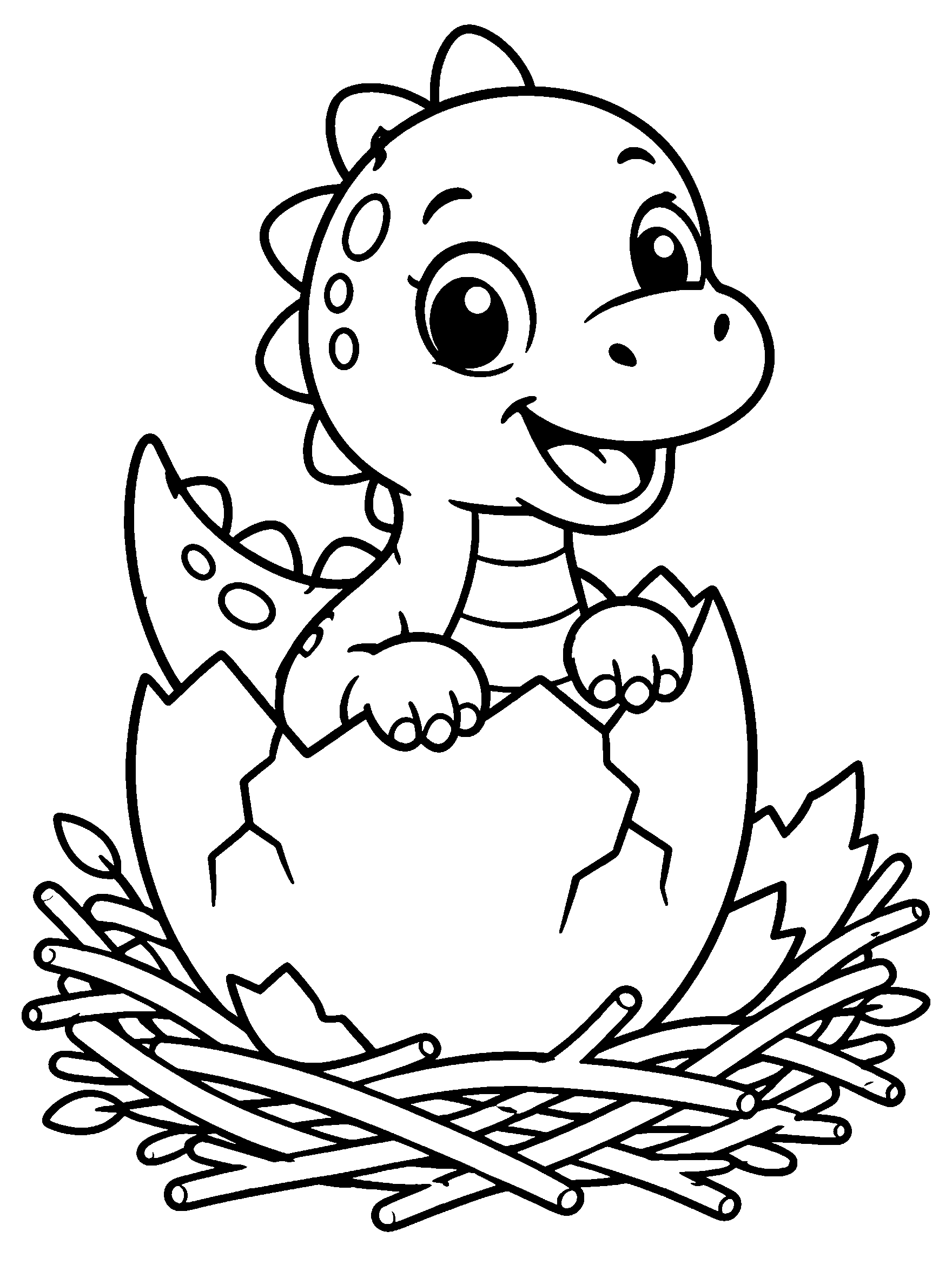 Cute baby dinosaur hatching from a cracked egg in a nest, coloring page
