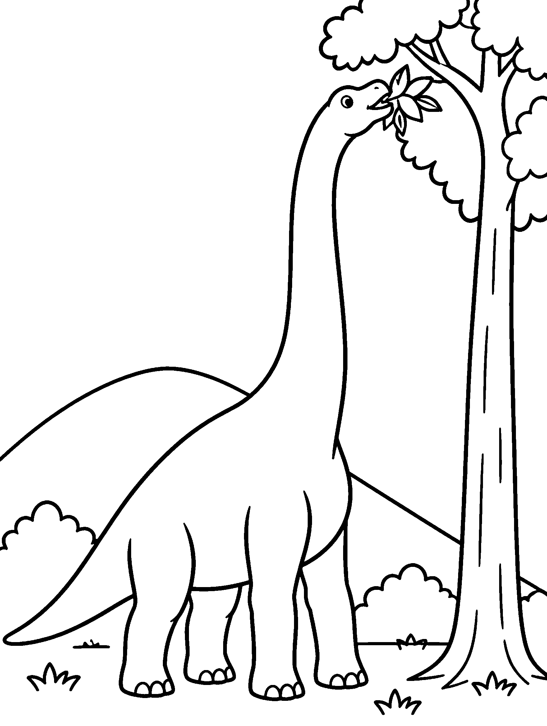 Long-necked brachiosaurus eating leaves from a tall tree, coloring sheet
