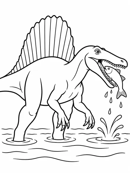Spinosaurus with a tall back sail catching a fish in a river, coloring page