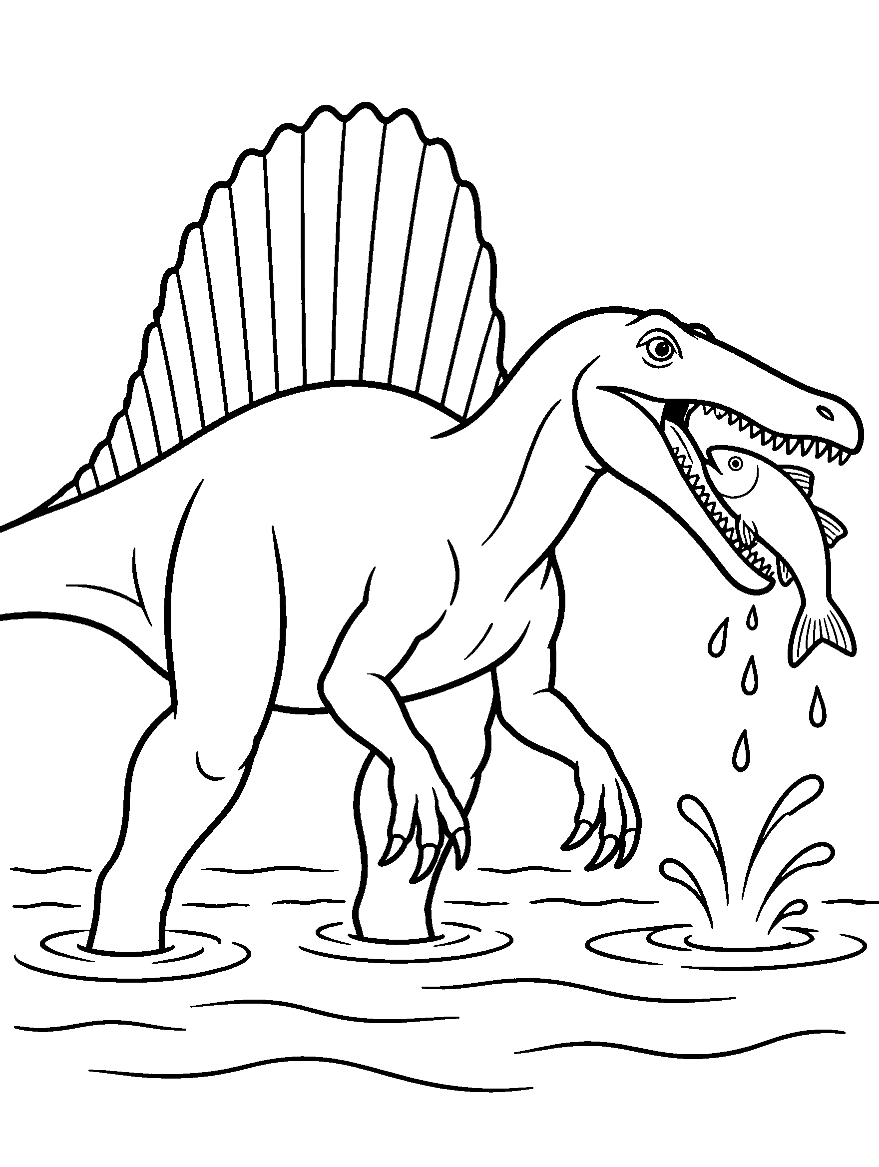 Spinosaurus with a tall back sail catching a fish in a river, coloring page