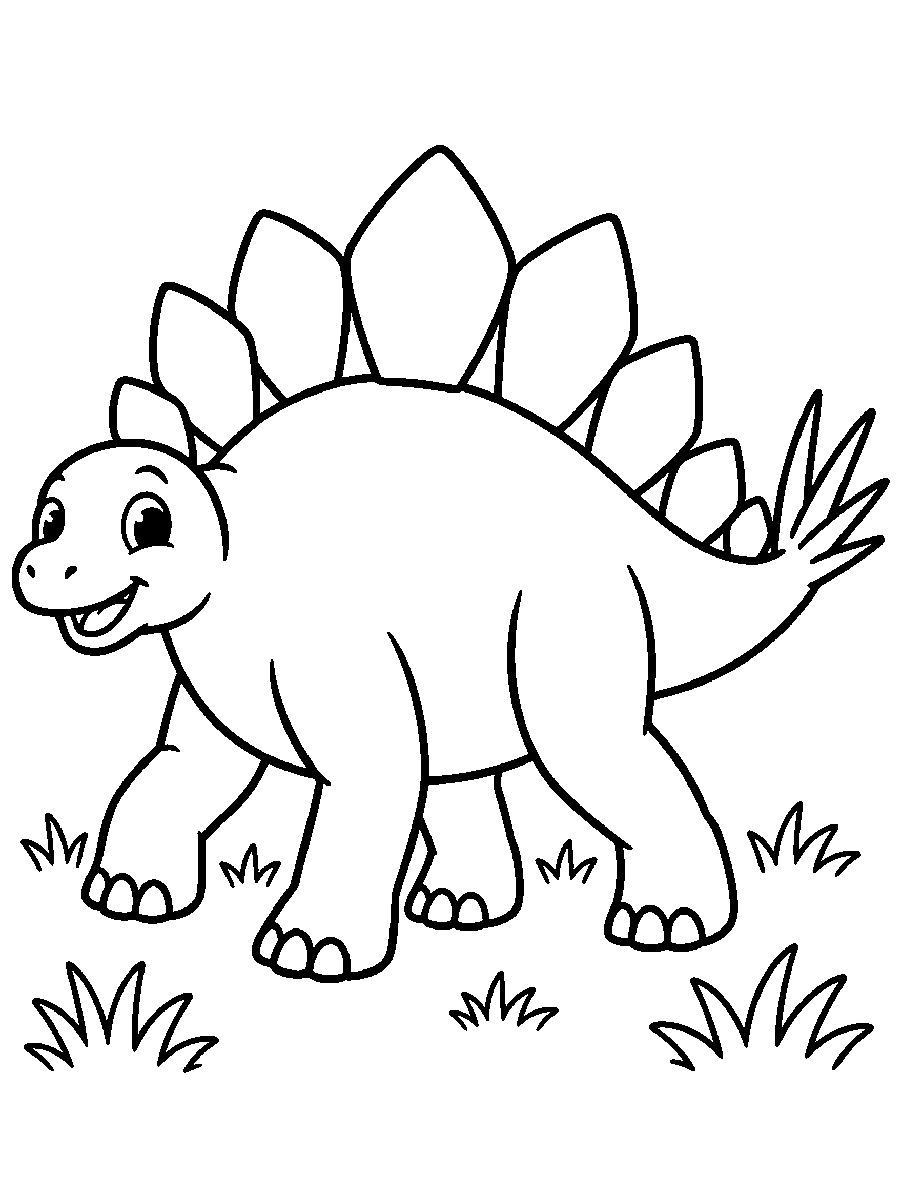 Smiling stegosaurus with back plates and spiked tail, dinosaur coloring page
