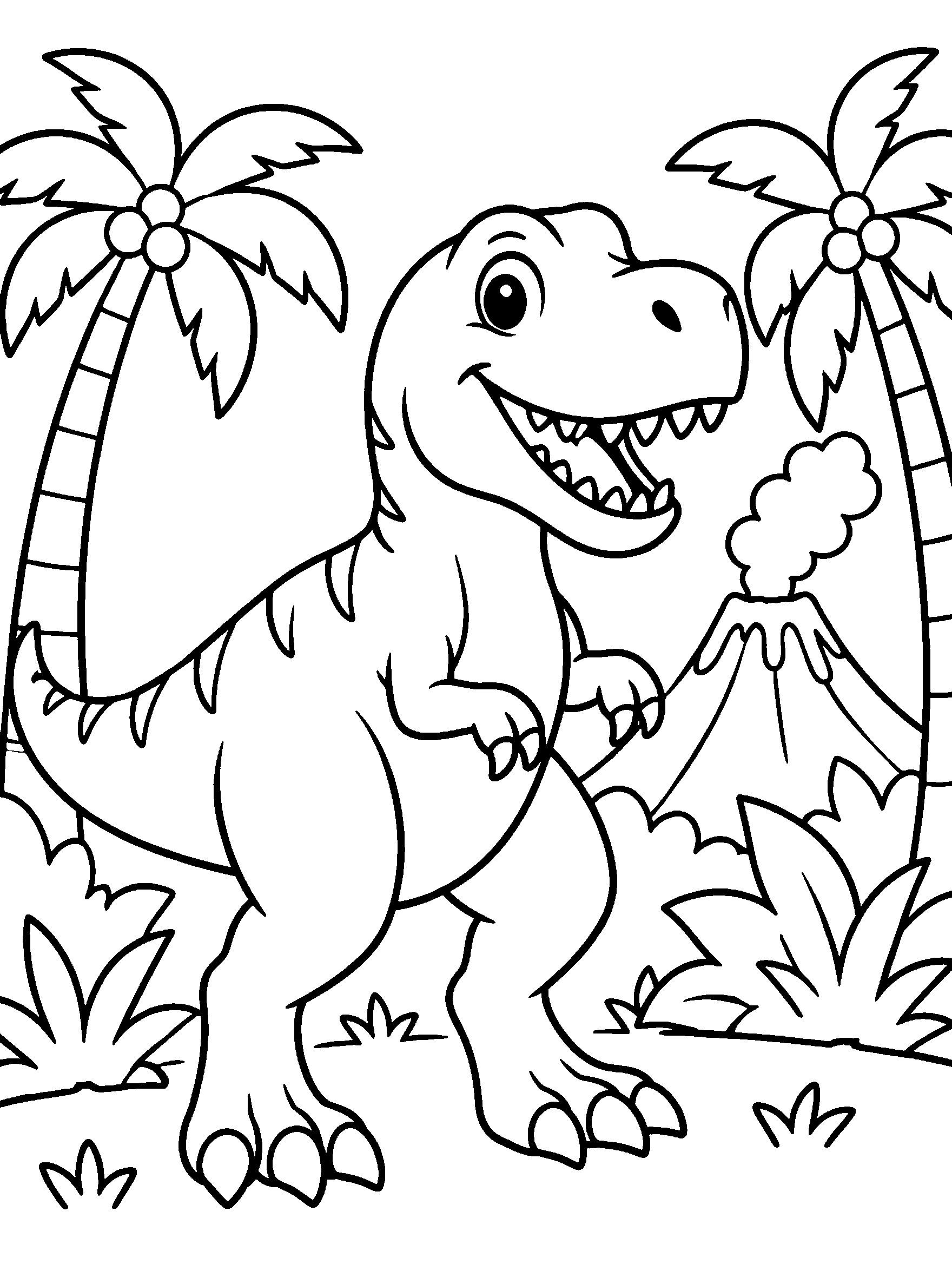 Friendly T. rex dinosaur standing between palm trees, printable coloring page