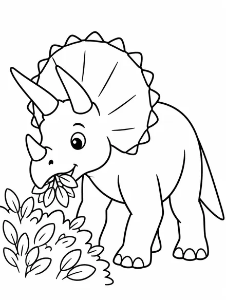 Triceratops with three horns and a neck frill eating leaves, coloring sheet