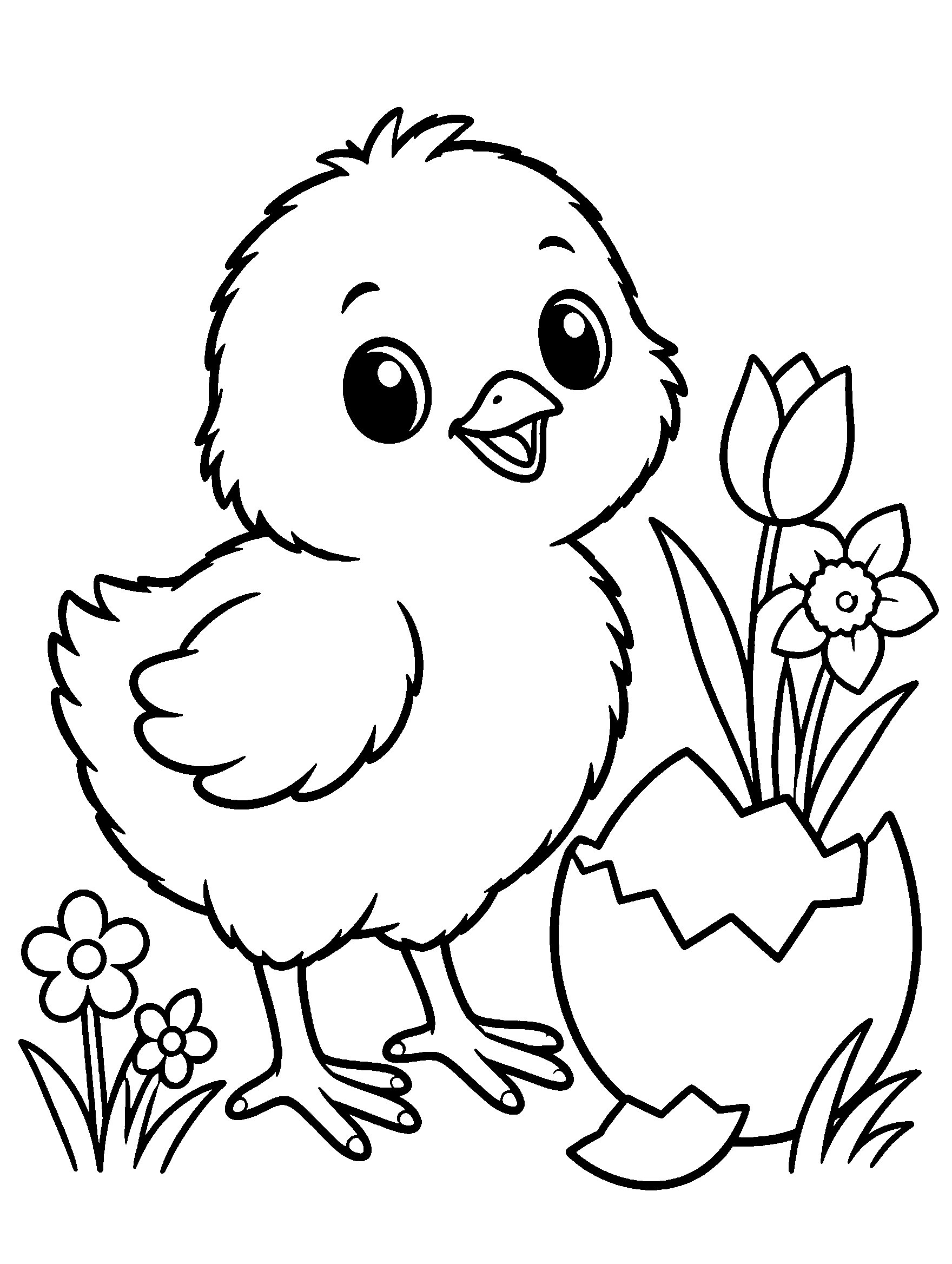 Fluffy baby chick beside a cracked eggshell, coloring page