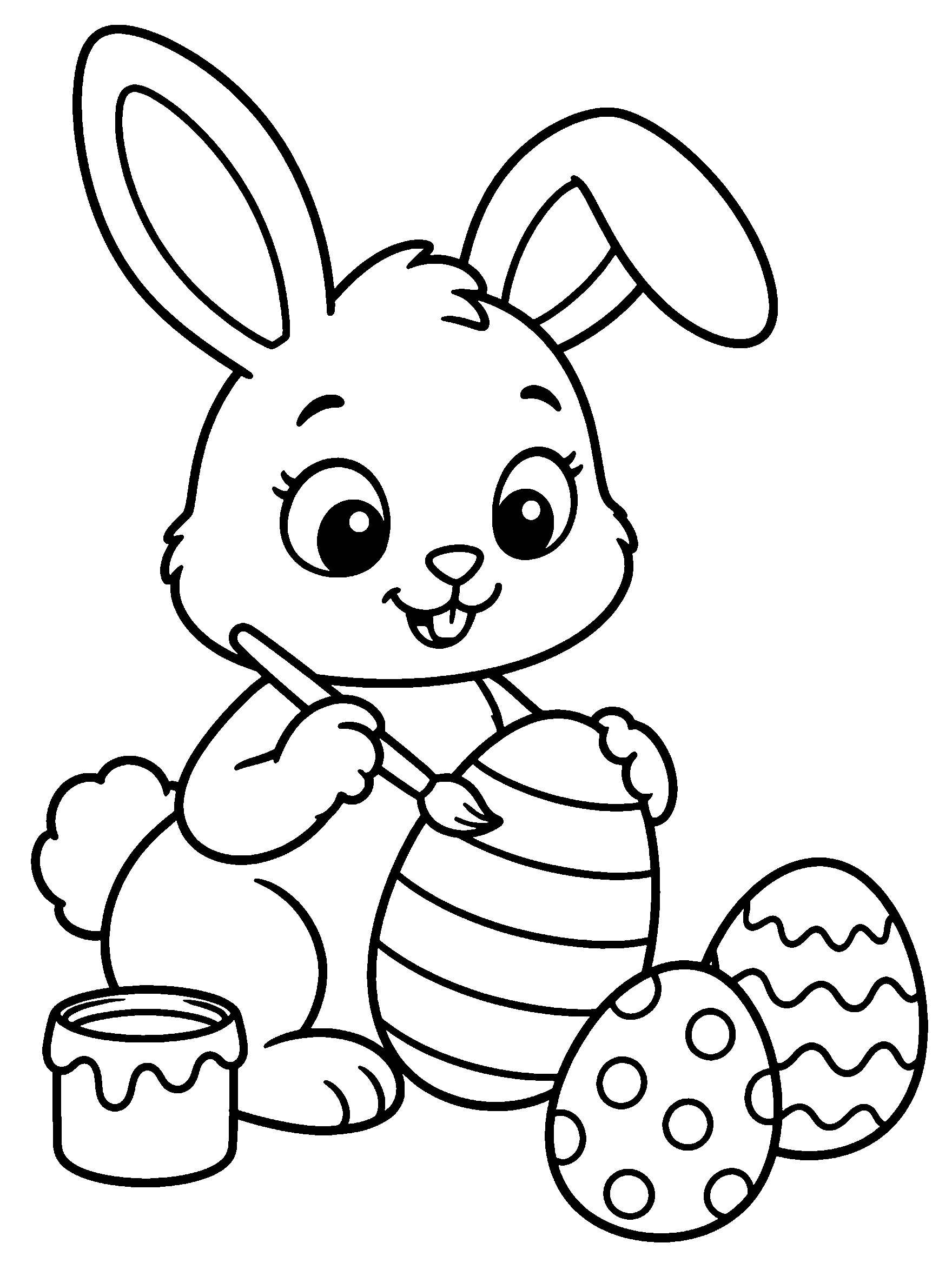 Bunny painting an Easter egg with a brush, coloring page