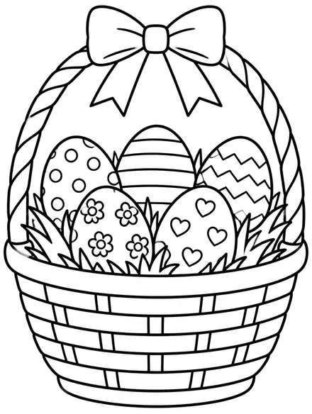 Easter basket with bow filled with decorated eggs, coloring sheet