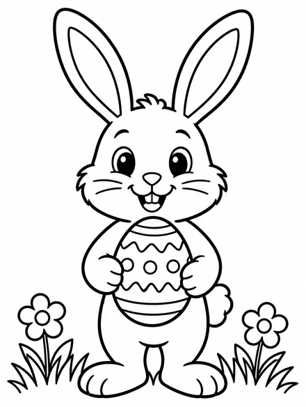 Easter bunny holding a decorated egg, free Easter coloring page