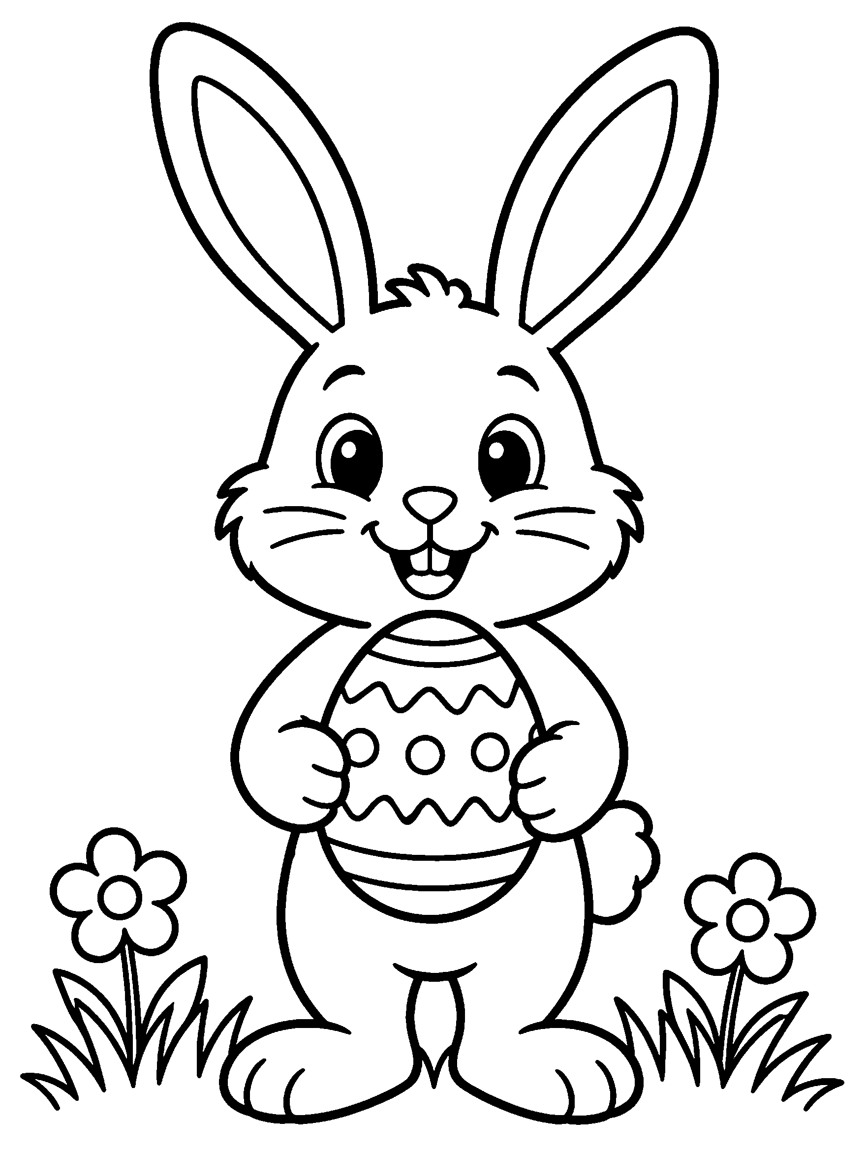 Easter bunny holding a decorated egg, free Easter coloring page