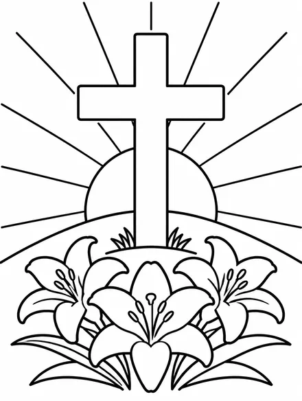 Wooden cross with Easter lilies and sunrise, Christian coloring page