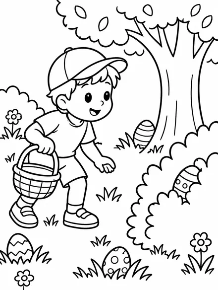 Child on an Easter egg hunt in a garden, coloring page