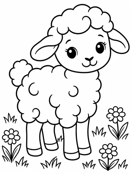Fluffy lamb standing in a meadow with daisies, coloring page