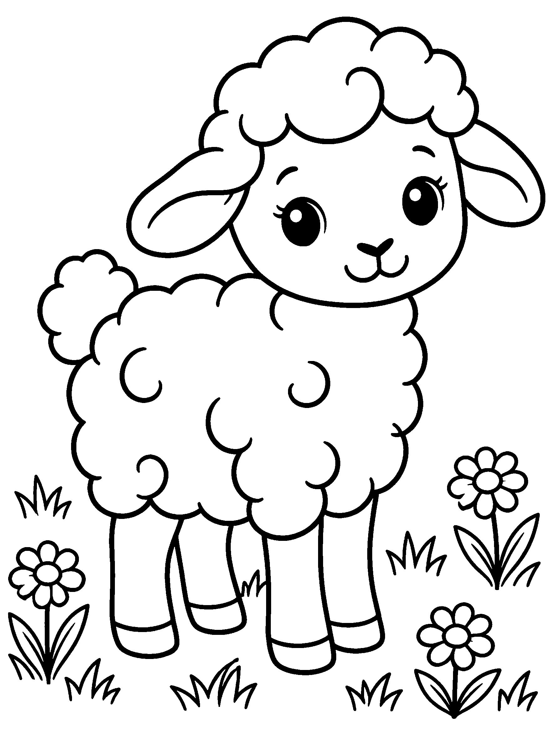 Fluffy lamb standing in a meadow with daisies, coloring page