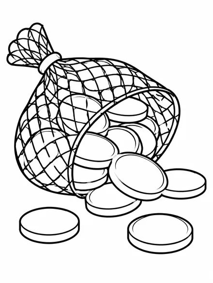 Bag of chocolate gelt coins spilling onto a table, coloring page