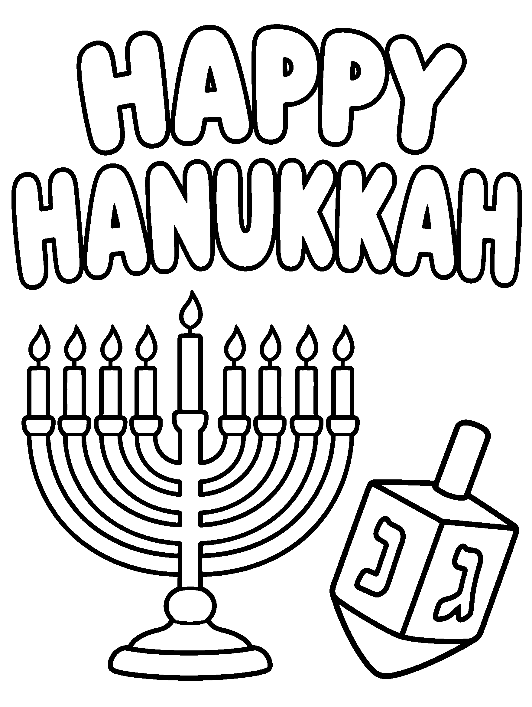 Happy Hanukkah bubble letters with menorah and dreidel to color