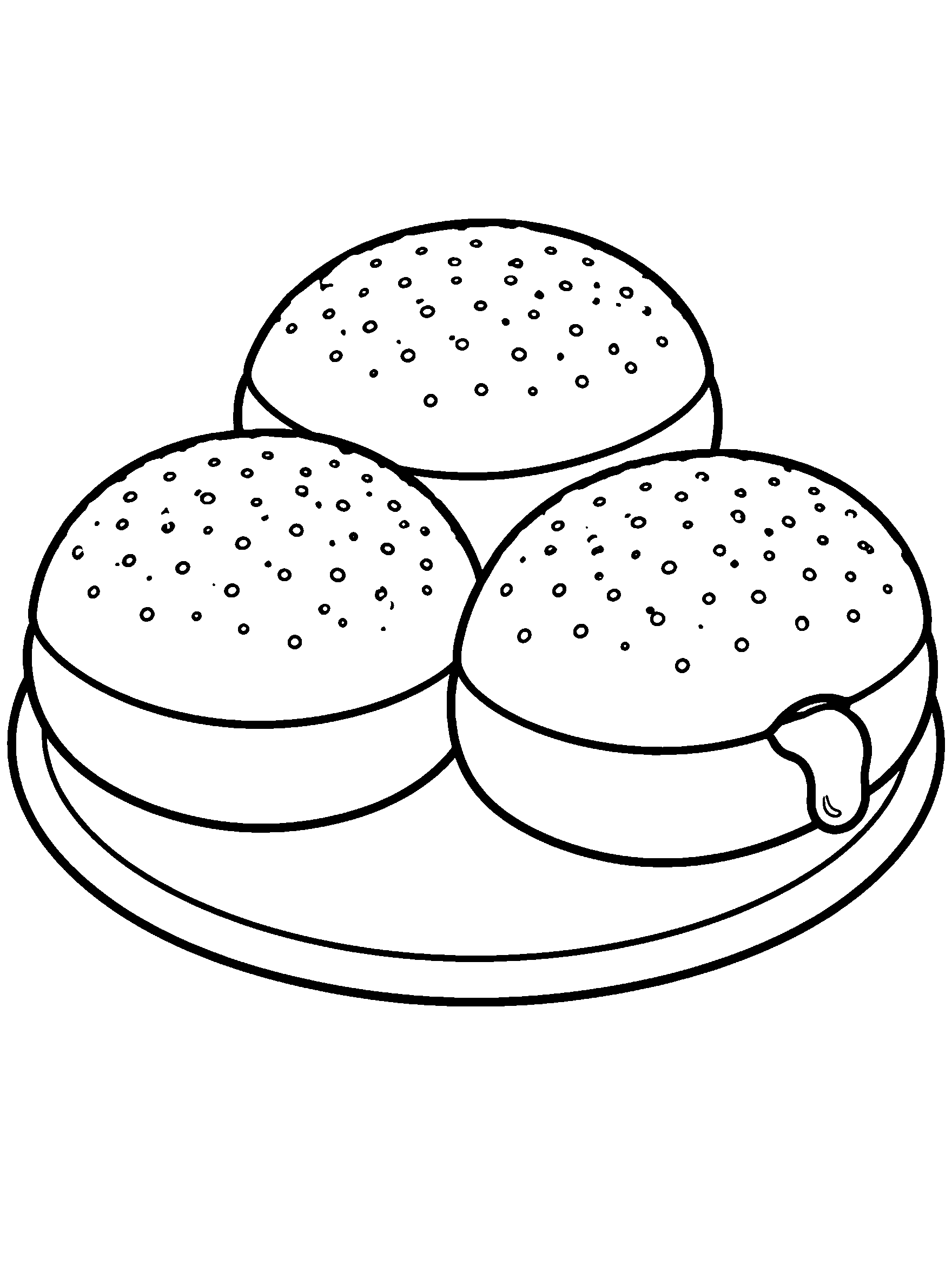 Three jelly doughnuts on a plate, sufganiyot Hanukkah coloring page