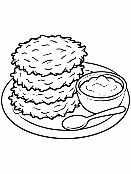 Stack of potato latkes with applesauce, Hanukkah coloring page