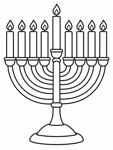 Hanukkah menorah with nine candles and raised center candle, coloring page