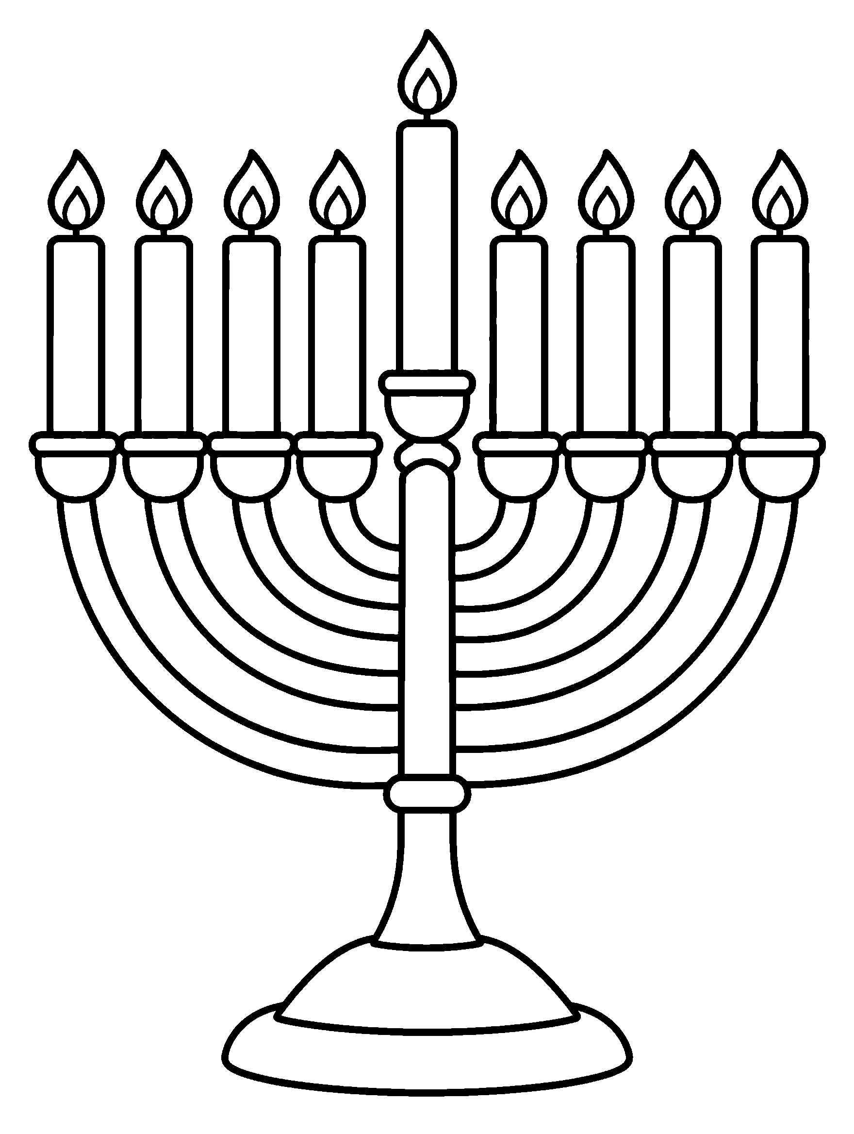 Hanukkah menorah with nine candles and raised center candle, coloring page