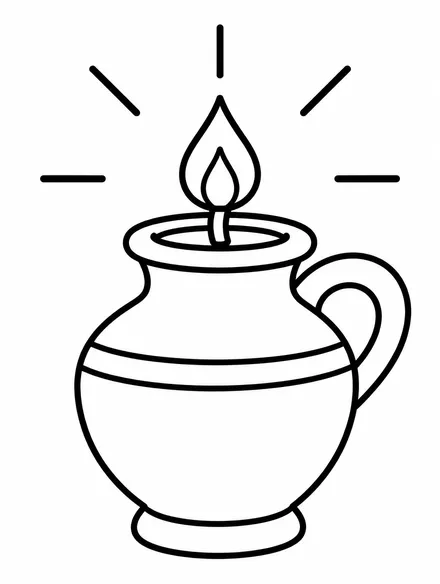 Small clay oil jar glowing with light rays, Hanukkah story coloring page