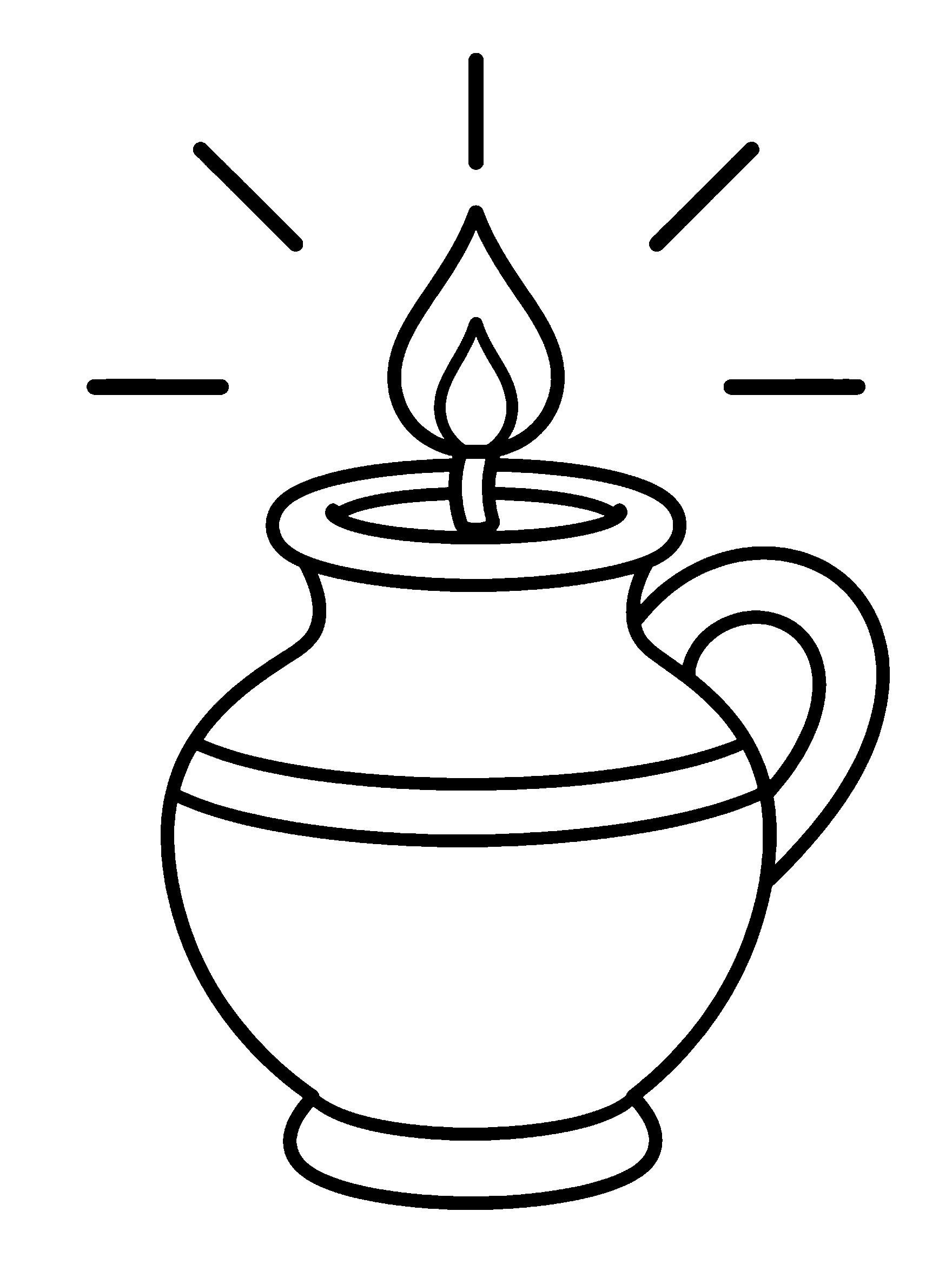 Small clay oil jar glowing with light rays, Hanukkah story coloring page