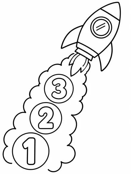 Rocket blasting off with 3, 2, 1 countdown numbers, coloring page