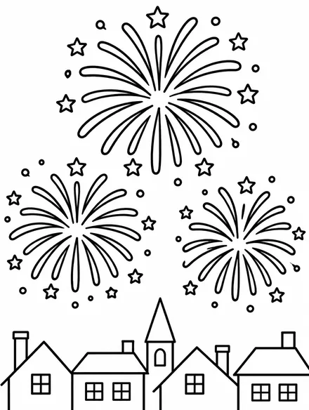 Fireworks bursting over town rooftops, New Year coloring page