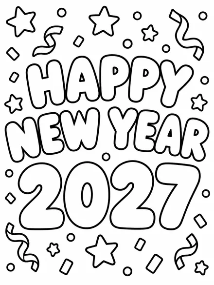 Happy New Year 2027 bubble letters with confetti, coloring page