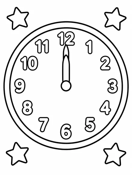 Large clock with both hands at 12 for midnight, coloring page