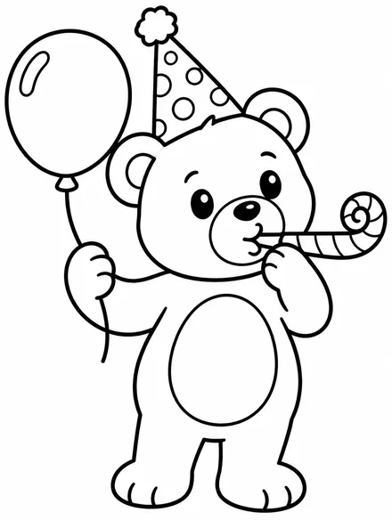 Teddy bear in party hat blowing a horn, New Year coloring page
