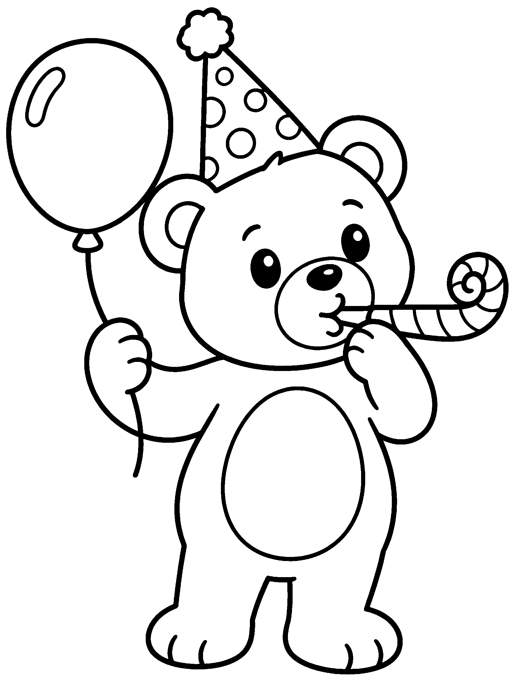 Teddy bear in party hat blowing a horn, New Year coloring page