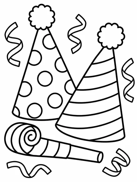 Party hats and noisemaker with streamers, New Year coloring sheet