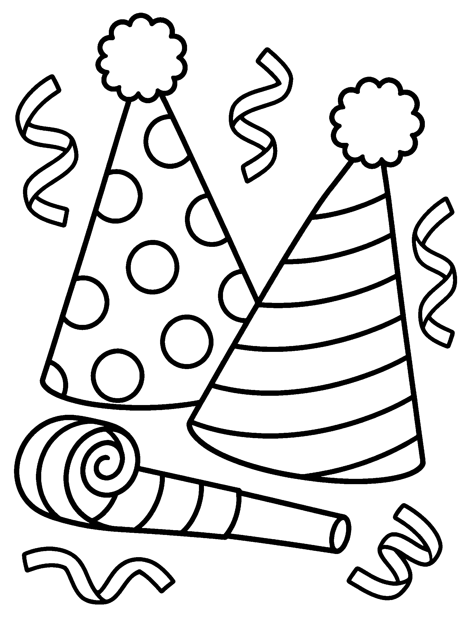 Party hats and noisemaker with streamers, New Year coloring sheet