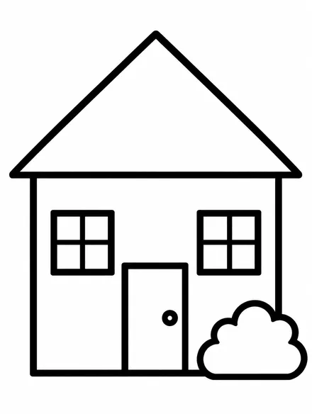 Simple house with triangle roof, door and windows, toddler coloring page
