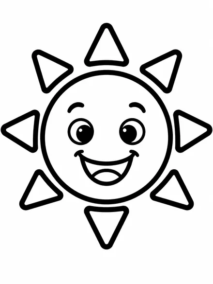 Big smiling sun with wide rays, easy coloring page for preschool